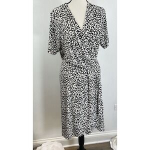 Banana Republic Womens Black White Printed Faux Wrap Dress Short Sleeve Sz L